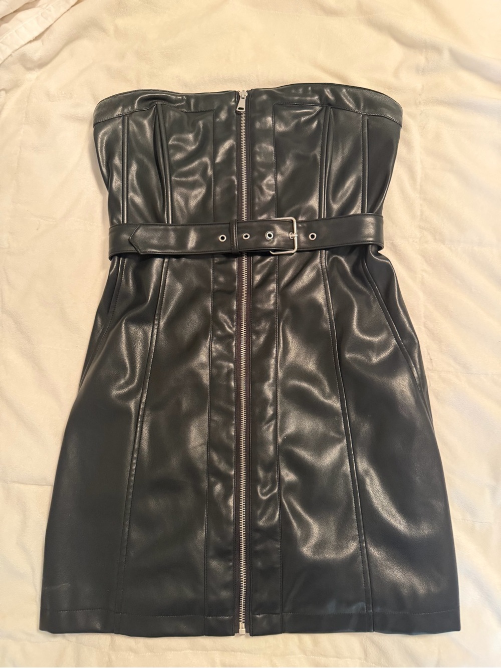 Aqua Strapless Faux Leather Belted Mini Dress - Black